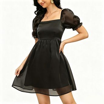 Women's Shiny Organza Puff Sleeve Mini Dress