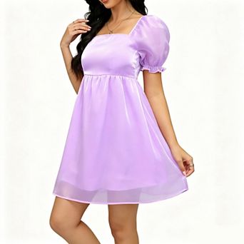 Women's Shiny Organza Puff Sleeve Mini Dress