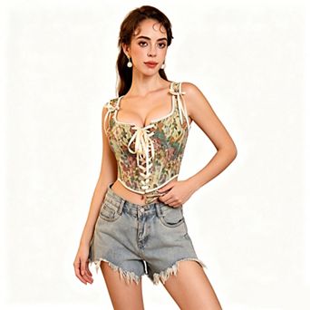 Women's Printed Lace Up Corset Crop Top
