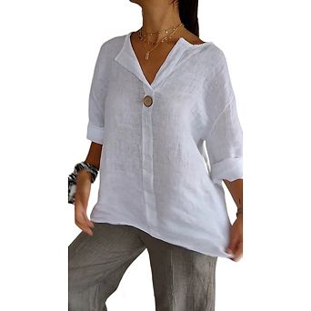Women's linen shirt, bohemian style, short-sleeved, loose V-neck, solid color, belted top.