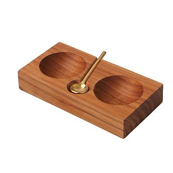 Teak Plank Salt & Pepper Cellar with Gold Spoon