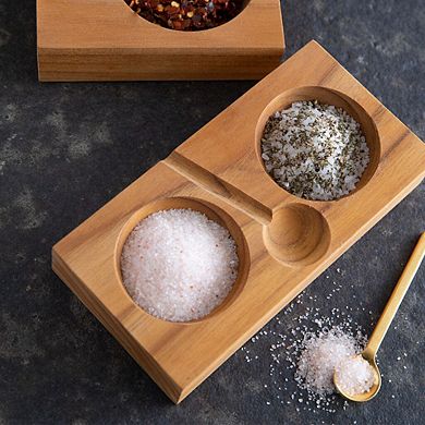 Teak Plank Salt & Pepper Cellar with Gold Spoon