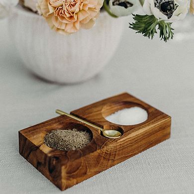 Teak Plank Salt & Pepper Cellar with Gold Spoon