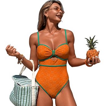 Women's Eyelet Embroidery One Piece Swimsuit Contrast Trim Cutout Spaghetti Strap Bathing Suit
