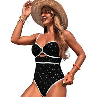 Eyelet Embroidery One Piece Swimsuit Contrast Trim Cutout Spaghetti Strap Bathing Suit