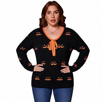 Plus Size Women Halloween Pumpkin Face Tie V Neck Long Sleeve Knit Sweater