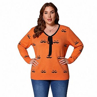 Plus Size Women Halloween Pumpkin Face Tie V Neck Long Sleeve Knit Sweater