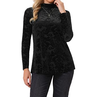 Womens Velvet Burnout Top Turtleneck Long Sleeve Stretchy Loose Fit Sheer Floral Shirt Party Blouses