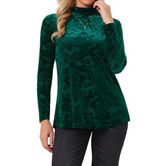 Womens Velvet Burnout Top Turtleneck Long Sleeve Stretchy Loose Fit Sheer Floral Shirt Party Blouses
