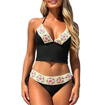 Women's Floral Crochet Halter Tie 2 pc High Waist Summer Casual Fashion Tankini Swimsuit Set