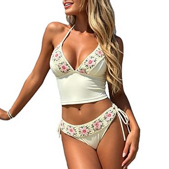 Women's Floral Crochet Halter Tie 2 pc High Waist Summer Casual Fashion Tankini Swimsuit Set