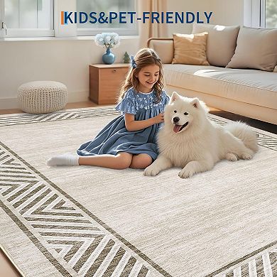 lxt-Modern Bordered Rug Washable Geometric Living Room Carpet Floor Mats Foldable Rug