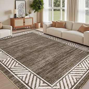 Modern Bordered Rug Washable Geometric Living Room Carpet Floor Mats Foldable Contemporary Rug