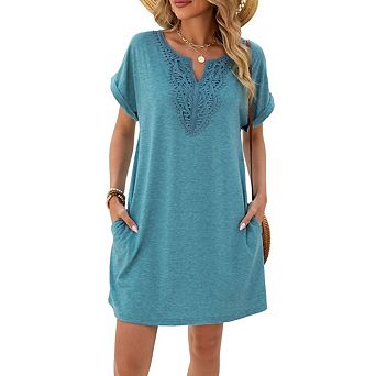Women's Fashion Short Sleeve V Neck Dress Casual Loose Fit Dress with Pockets