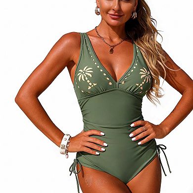 Women's Basic One Piece Swimsuit, V Neck Cutout Side Drawstring Modest Beach Swimwear