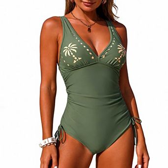 Women's Basic One Piece Swimsuit, V Neck Cutout Side Drawstring Modest Beach Swimwear
