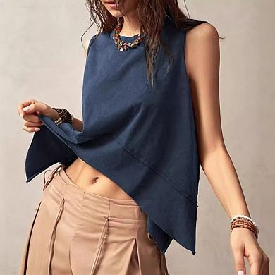 Women's Irregular Loose Vest Stylish Sleeveless Top with Decorative Lines