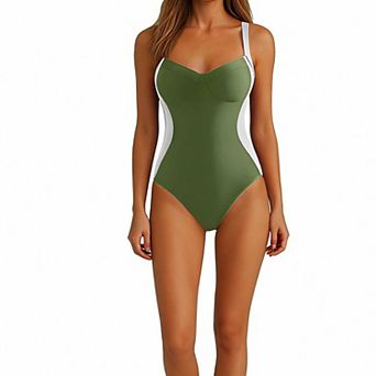 Women's Timeless Color Block One Piece Swimsuit, Molded Cup Wide Strap Modest Beach Swimwear