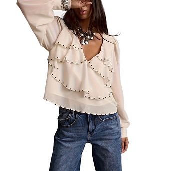 Women's French V Neck Studded Ruffled LongSleeve Shirt Loose Fit Elegant Workwear
