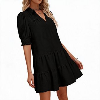 Womens Casual Mini Dress Balloon Smoked Short Sleeve Ruffle Lapel Collared V Neck Tiered Short Dress