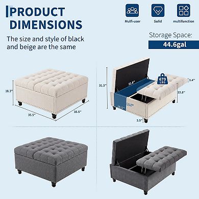 Large Square Storage Ottoman, Lift Top Storage Ottoman Coffee Table with Tufted Upholstery and Wood