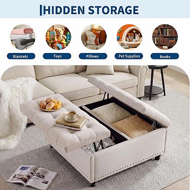 Large Square Storage Ottoman, Lift Top Storage Ottoman Coffee Table with Tufted Upholstery and Wood