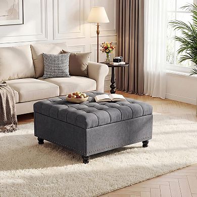 Large Square Storage Ottoman, Lift Top Storage Ottoman Coffee Table with Tufted Upholstery and Wood