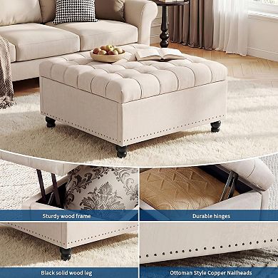 Large Square Storage Ottoman, Lift Top Storage Ottoman Coffee Table with Tufted Upholstery and Wood