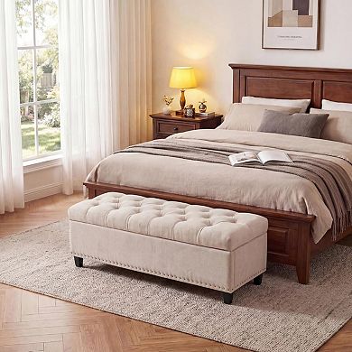 Extra Large Storage Ottoman Bench, Supports End of Bed Storage Bench with Button