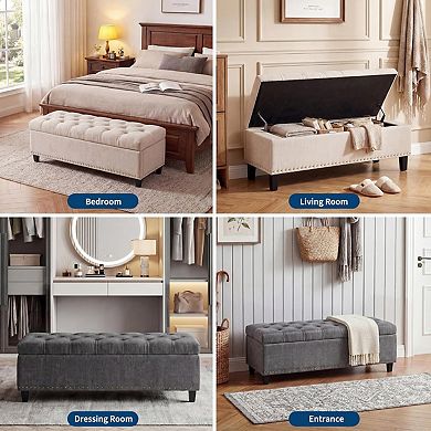Extra Large Storage Ottoman Bench, Supports End of Bed Storage Bench with Button