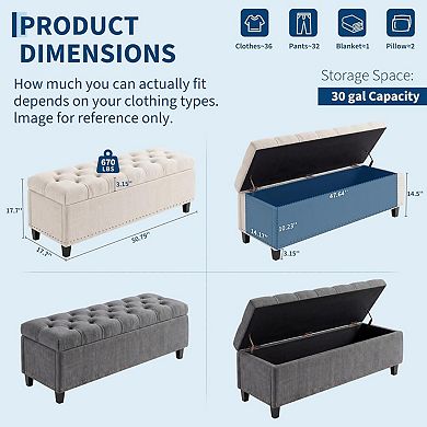 Extra Large Storage Ottoman Bench, Supports End of Bed Storage Bench with Button