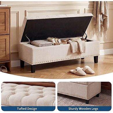 Extra Large Storage Ottoman Bench, Supports End of Bed Storage Bench with Button