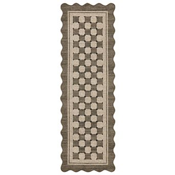 Modern Checkered Scalloped Easy Jute Washable Rug with Rubber Backing Indoor Outdoor Carpet