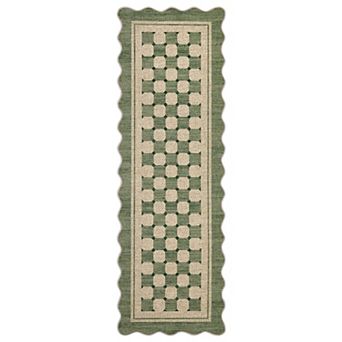 Modern Checkered Scalloped Easy Jute Washable Rug with Rubber Backing Indoor Outdoor Carpet