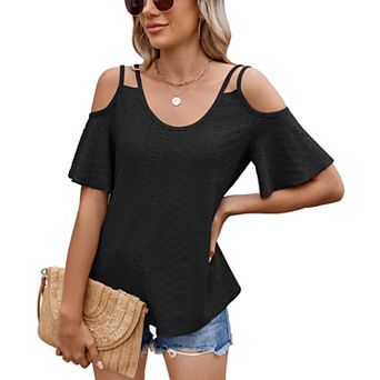 Women's Solid V-Neck Off Shoulder Loose Short Sleeve Fashion T-Shirt Top