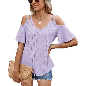 Women's Solid V-Neck Off Shoulder Loose Short Sleeve Fashion T-Shirt Top