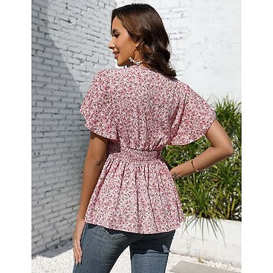 Women's Maternity Nursing Wrap V-Neck Blouse with Ruffle Sleeves Ruched Top