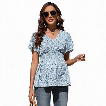Women's Maternity Nursing Wrap V-Neck Blouse with Ruffle Sleeves Ruched Top