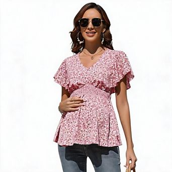 Women's Maternity Nursing Wrap V-Neck Blouse with Ruffle Sleeves Ruched Top