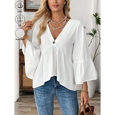 Women's Solid V-Neck Boho Blouse 3/4 Ruffle Sleeve Casual Flowing Top