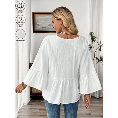 Women's Solid V-Neck Boho Blouse 3/4 Ruffle Sleeve Casual Flowing Top