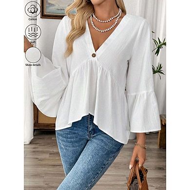 Women's Solid V-Neck Boho Blouse 3/4 Ruffle Sleeve Casual Flowing Top