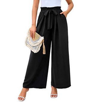 Women Wide Leg Lounge Pants with Pockets Lightweight High Waisted Adjustable Tie Knot Loose Trousers