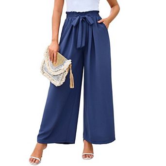 Women Wide Leg Lounge Pants with Pockets Lightweight High Waisted Adjustable Tie Knot Loose Trousers