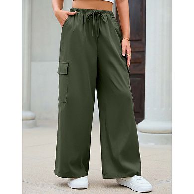 Women's Pants Lightweight Wide Leg Cargo Scrub Pants with Pockets Drawstring Pull on Jogger Bottoms