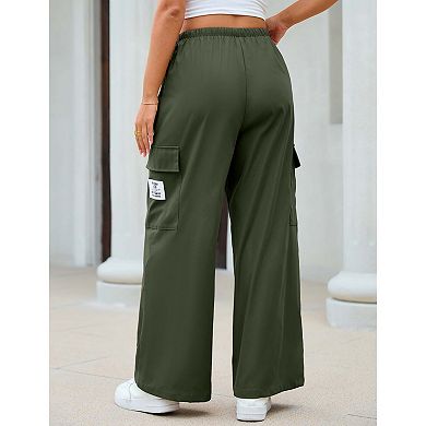 Women's Pants Lightweight Wide Leg Cargo Scrub Pants with Pockets Drawstring Pull on Jogger Bottoms