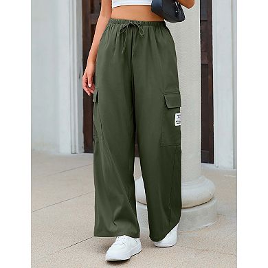 Women's Pants Lightweight Wide Leg Cargo Scrub Pants with Pockets Drawstring Pull on Jogger Bottoms