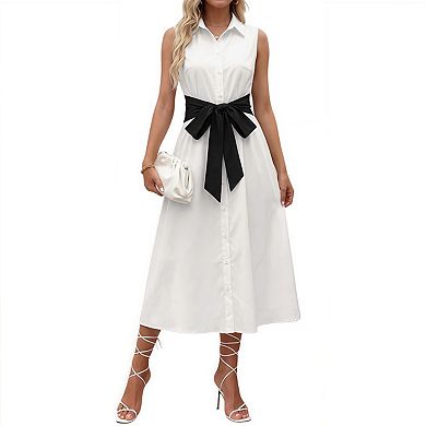 Women's Collared V Neck Sleeveless Button Down Linen Midi Shirt Dress with Belt