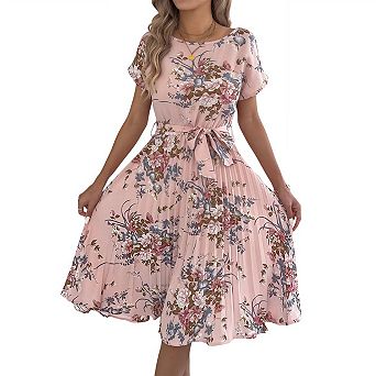 Women's Crew Neck Cap Sleeve Tie Waist A-Line Midi Pleated Dress