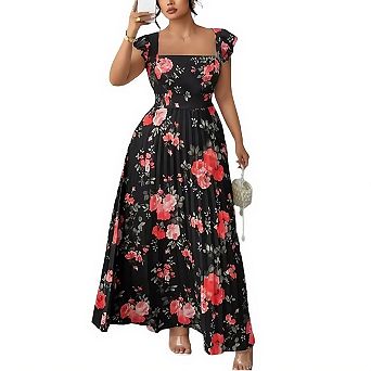 Plus Size Floral Maxi Pleated Dress for Women Square Neck Flowy Summer Long Wedding Guest Outfits